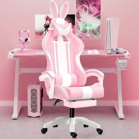 Imagem do Cadeira Gamer Python Fly Com Orelhinhas Rosa Ergonomica E Reclinavel Com Apoio Para Os Pes E Altura Ajustavel Algodao