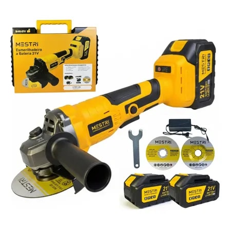 Imagem do Esmerilhadeira Angular Profissional Brushless 10000 Rpm 21v Eletrica Lixadeira Potente Corte Facil Sem Fio Com 02 Baterias E Acessorios Mestri M 50 21v Amarelo 127 220v 50 60hz