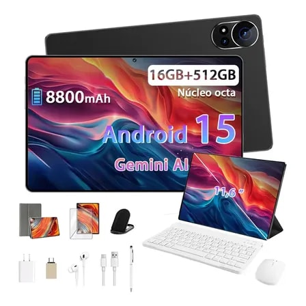 Imagem do Tablet Android Tab Kit Completo Ram 16gb 512gb 11 6 Hd Tela Apoia Wifi Bateria 8800mah Com Caneta Teclado E Mouse Profissional Estudo Trabalho Ia Gemini Jogos 2 Em 1 Tablets Pc Preto