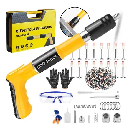 Imagem do Kit Pistola Finca Pinos Acao Direta Maleta 50 Rebites Amarelo