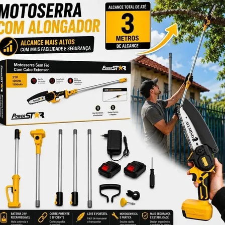 Imagem do Motosserra Podadora Moto Serra Bateria Com Cabo Extensor 3m Mini Motosserra Serra Eletrica Portatil Sem Fio Poda De Galhos Jardim Arvore 2 Baterias 2 Em 1 Eletrica Amarelo 127 220v
