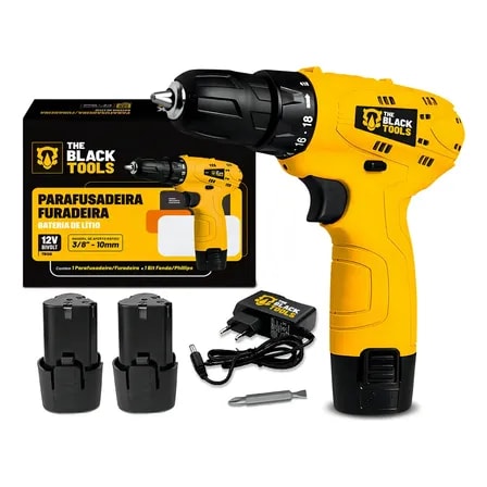 Imagem do Parafusadeira Furadeira Sem Fio 12v 3 8 10mm Com 2 Baterias Tb 12a 2b The Black Tools Amarelo 127 220v 50 60hz
