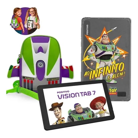 Imagem do Tablet Infantil Positivo Vision Tab 7 Toy Story Octa Core 3gb Ram 64gb Armazenamento Tela 7 Ips 3100mah Android 14 Go Wi Fi Preto Capa De Protecao E Mochila De Transporte Do Buzz Lightyear