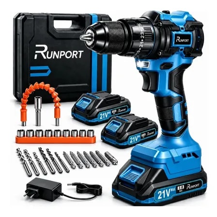 Imagem do Furadeira Parafusadeira Impacto Brushless 21v Runport 40n M Motor Sem Escovas 2 Baterias 2 0ah Maleta Kit Brocas Bits Madeira Metal Concreto