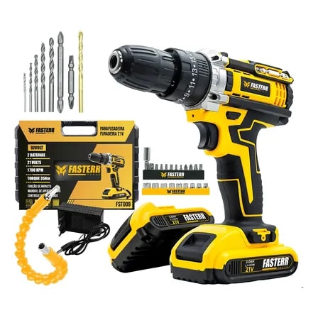 Imagem do Parafusadeira Furadeira De Impacto Sem Fio 2 Baterias Com Maleta E 33 Acessorios Fst009 Fasterr Amarelo 12v 60hz
