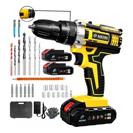 Imagem do Parafusadeira E Furadeira De Impacto 3 Em 1 Ferramenta Multifuncional Com Mandril Kit Com 2 Baterias Sem Fio Profissional Para Parafusos De Telhados E Drywall Amarelo 127 220v 50hz 60hz