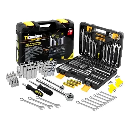 Imagem do Kit Jogo Ferramentas 142 Pcs Titanium Platina Aco Cromo Vanadio Crv Com Maleta Inclui Chaves Catraca 1 4 E 3 8 Soquetes Allen E Bits Conjunto Profissional Para Manutencao Automotiva E Industrial