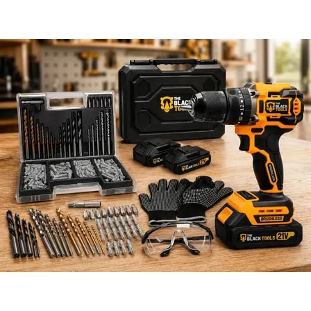 Imagem do Furadeira Parafusadeira De Impacto Motor Brushless Com 2 Baterias 21v 3 8 Pol Jogo Brocas Buchas Bits The Black Tools Amarelo 127 220v