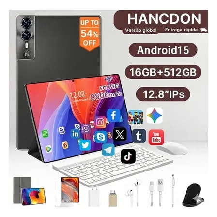 Imagem do Tablet Android 15 Hancdon Tab Kit Completo Ram 16gb 512gb 12 8 Hd Tela Apoia Wifi 2 4 4g 5g Dual Sim Bateria 8800mah Preto