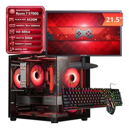 Imagem do Pc Gamer Ryzen 7 5700g 16gb Ssd 480gb Completo Monitor 21 5 480 Gb 16 Gb Setup Gamer Pronto Para Jogar Em Full Hd Com Desempenho Profissional E Inicializacao Ultra Rapida