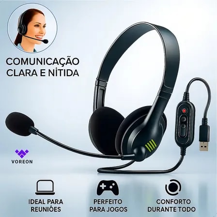 Imagem do Fone De Ouvido Headset Office Usb Microfone Reuniao Empresa Call Computador Telefone Pc Notebook Microfone Para Reuniao Home Office Jogos Trabalho Empresa Marca Voreon Preto