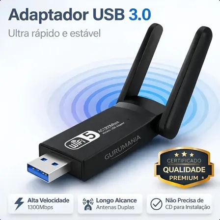 Imagem do Adaptador Wifi Usb 3 0 Placa De Rede Dual Band 1300mbps Gigabit 2 Antenas Gurumania