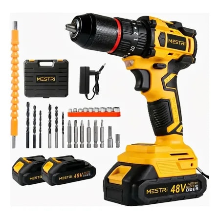Imagem do Parafusadeira Furadeira Sem Fio Sem Escovas 3 Funcoes 2200rpm 48v 2 Baterias Com Maleta E Acessorios Completo Mestri Mt 100