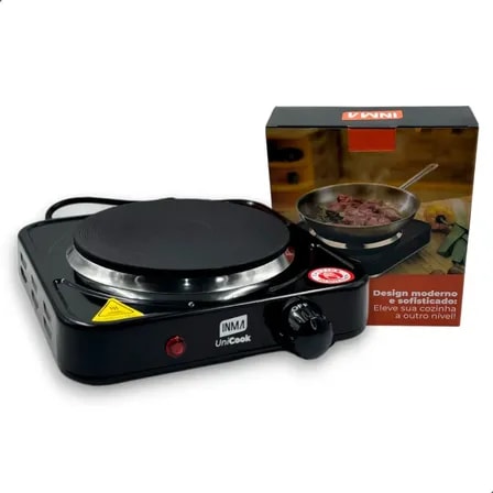 Imagem do Fogao Cooktop Eletrica Fogareiro Portatil 1000w 1 Boca Mesa Inma Viagem Camping Queimadores Acampamento Trava Seguranca Niveis Temperatura Regulavel Automatico Acendedor Aco Inox Panela Preto 220v