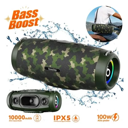 Imagem do Caixa De Som Bluetooth 100w Potente Basike Ba Rad293 Boombox Portatil A Prova D Agua Ipx5 Bateria 10000mah Power Bank Alca De Ombro Led Rgb Tws Grave Forte Tf Usb Aux Para Festa Churrasco Praia Viagem