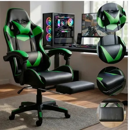 Imagem do Cadeira Gamer K Nakasaki Ergonomica Reclinavel Com Apoio Para Pes Suporta Ate 158kg Verde Couro Sintetico
