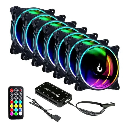 Imagem do Kit 7 Fans Ventoinhas Rise Laser Argb Gamer Controladora Preto