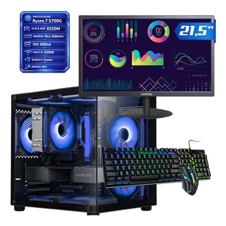 Imagem do Pc Gamer Ryzen 7 5700g 16gb Ssd 480gb Completo 21 5 Top Ssd 480 Gb 16 Gb Alto Desempenho Para Jogos E Multitarefas Com Monitor E Kit Gamer Pronto Para Usar
