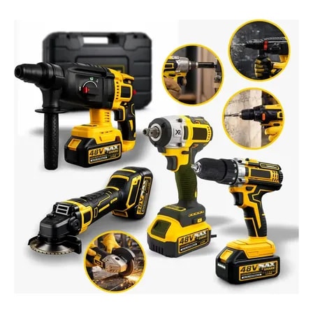 Imagem do Kit Multiferramentas 4 Em 1 48v Sem Fio Com 2 Baterias Furadeira Parafusadeira Martelete Esmerilhadeira Chave De Impacto Com Maleta Alta Potencia Uso Profissional E Domestico