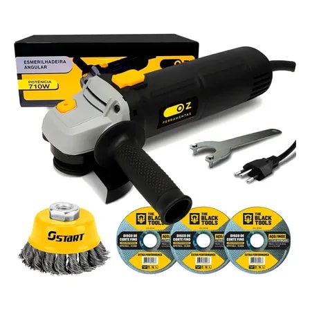 Imagem do Esmerilhadeira Lixadeira Angular 4 1 2 710w 11000 Rpm Oz Com Discos De Corte Escova De Aco Copo 3 Pol Trancada Start Preto 127v 60 Hz