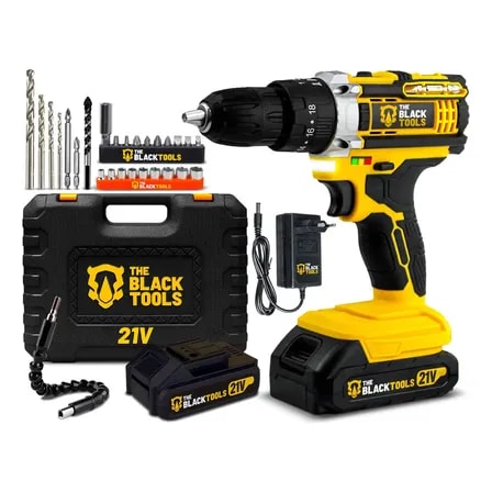 Imagem do Furadeira Parafusadeira De Impacto 21v Com 2 Baterias Velocidade Ajustavel 3 8 10mm Maleta E Acessorios Profissional The Black Tools