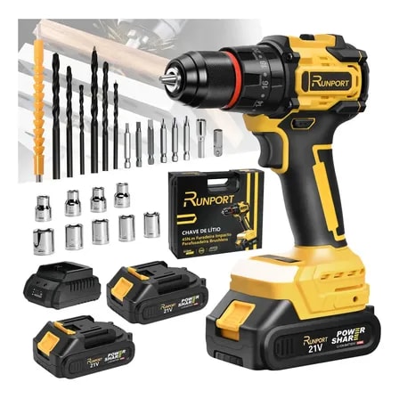 Imagem do Parafusadeira Furadeira Brushless Impacto Profissional Runport Hx 2893 C 2 Baterias Sem Fio E Jogo Brocas Maleta 45n M 60hz Amarelo Para Mecanico Oficina 127 220v