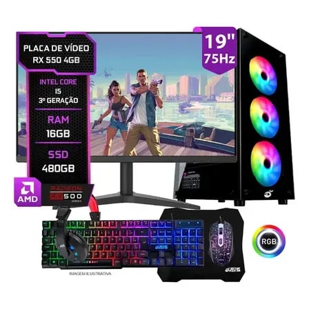 Imagem do Pc Gamer Completo Setup Ninja Shadow Iii Rx 550 4gb Intel Core I5 16gb Ram Ssd 480gb Monitor 19 Kit Perifericos 480 Gb 16 Gb Radeon Rx 550 4gb