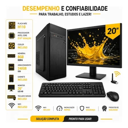Imagem do Computador Completo Pc Intel I3 6 8gb Ssd 240gb Monitor Wifi 240 Gb 8 Gb Intel Graphics