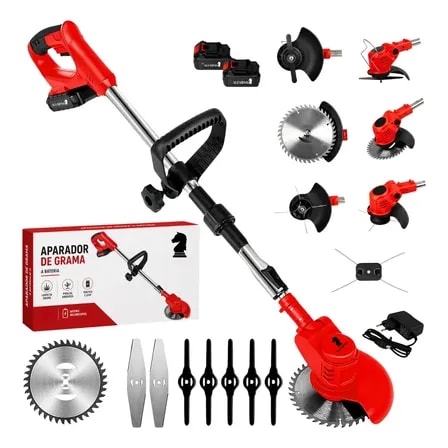 Imagem do Aparador De Grama Sem Fio Allmind Bateria 48v Eixo Reto Corta Fio Cortador Rocadeira Profissional Recarregavel Cortes C Duas Baterias 127 220v Vermelho