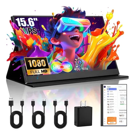Imagem do Monitor Portatil 15 6 Pantalla Ips 1080p Full Barato Hdr 400 Nits Ultrafino Monitor Gamer Con Hdmi Usb C Conector Audio 3 5 Funda Y Altavoces Duales Para Computador Pc Phone Mac Xbox Switch Preto