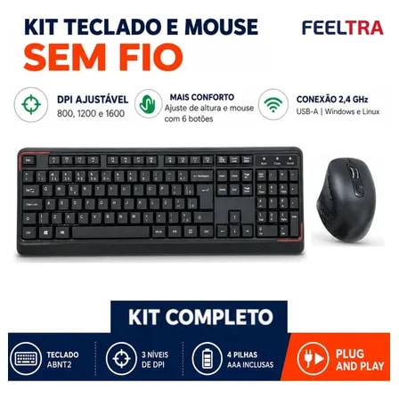 Imagem do Kit Teclado E Mouse Sem Fio Wireless Usb 2 4ghz Com 4 Pilhas Teclado Numerico Abnt2 Mouse Ergonomico Silencioso 1600 Dpi Compativel Pc Notebook Smart Tv Feeltra