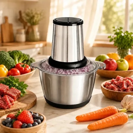 Imagem do Multiprocessador Eletrico Triturador Alimentos Inox 2 Litros Moedor Carne Alho Legumes 110v Picador 4 Laminas Tigela Aco Descascador Com Tampa Tempero Turbo Processador Inoxidavel