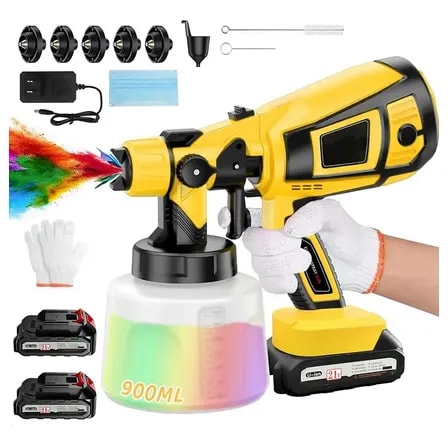 Imagem do Pistola Eletrica Para Pintura Portatil Hvlp 900ml 5 Bicos Pistola De Pintura Pulverizadora 21v Com 2 Bateria Para Interiores Da Casa Moveis Cerca Paredes