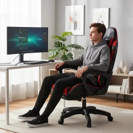 Imagem do Cadeira Gamer Escritorio Giratoria Reclinavel Preta Vermelha Cor Vermelho Couro Sintetico