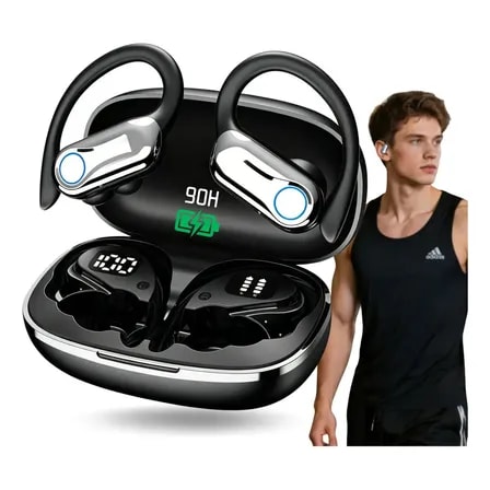 Imagem do Fone De Ouvido Bluetooth Sem Fio Tws Esportivo Gancho Compativel Com Iphone Samsung Xiaomi Motorola Luz Led Para Academia Corrida Cor Preto
