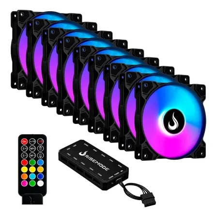 Imagem do Kit 9 Fans Cooler Ventoinha Rise Mode Z Argb C Controle Preto