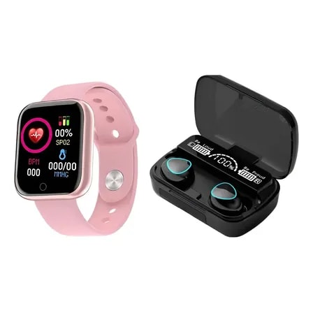 Imagem do Relogio Smartwatch D20 Fone De Ouvido Sem Fio M10 Caixa Rosa Pulseira Rosa Bisel Rosa Desenho Da Pulseira Lisa