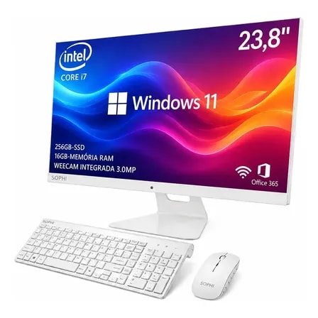 Imagem do All In One Pc Ssd256 Gb I7 16gb Tela 23 8 Windows 11 Completo Cor Branco Full Hd Webcam 3 0mp Wifi Sophi E240