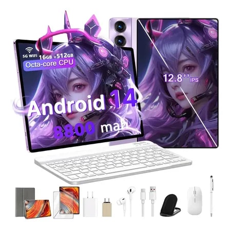 Imagem do Tablet Android 14 Tab Kit Completo 12 8 Full Hd 16gb Ram 512gb Octa Core Wifi 2 4 4g 5g Dual Sim Bateria 8800mah Roxo