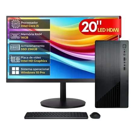 Imagem do Computador Completo Intel Core I5 16gb Ram Ssd 240gb Monitor 20 Led Windows 10 Pro Bivolt Preto Bluepc Office Cdbp Off100 240 Gb 16 Gb