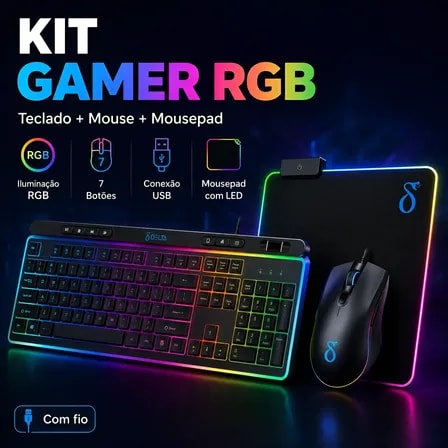 Imagem do Kit Teclado Gamer Rgb Mouse 12800dpi Mousepad Usb Completo Preto