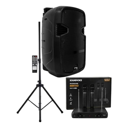 Imagem do Kit Caixa De Som Amplificada Bluetooth Usb Microfone Sem Fio Preto 127 220v