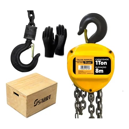 Imagem do Talha Manual Capacidade De 1 Tonelada 1000 Kg Cor Amarelo Com Corrente De 8 Metros Start Luva Tricotada Leve Cor Preto