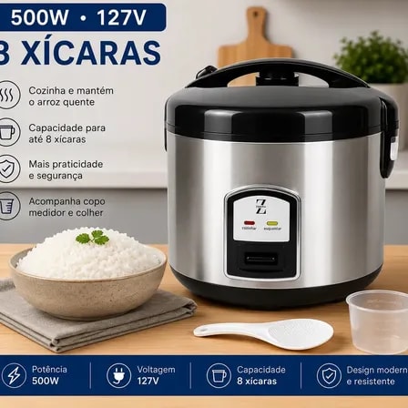 Imagem do Panela Arroz Eletrica 8 Xicaras Pan 01 Inox 500w Zentra Imports Cinza Preto 50 60 Hz Cinza Peto 127v