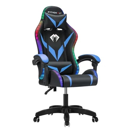 Imagem do Cadeira Gamer E Escritorio Python Fly Com Led Rgb Ergonomica Cor Azul E Preto Material Do Estofamento Couro Sintetico