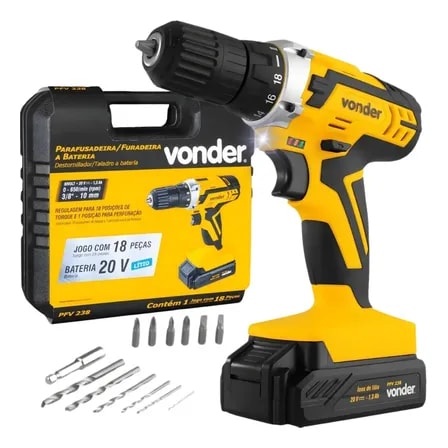Imagem do Parafusadeira E Furadeira Bateria 20v Vonder Pfv 238 Bivolt Amarelo Preto 127 220v 50 60 Hz