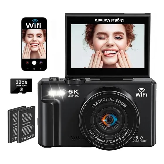 Imagem do Camera Digital 5k 75mp Camera Para Vlog Com Wifi E App De Transmissao De Fotos Tela Ips Flip Up 3 Zoom 18x Foco Automatico 2 Baterias 32gb Funcao Webcam Ideal Para Infantil Iniciantes Vlog Viagens
