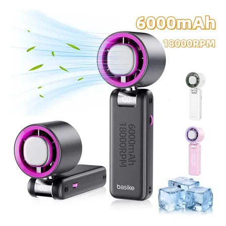 Imagem do Basike Ventilador De Mao Portatil Usb Recarregavel Com Modo De Resfriamento 6000mah Ventiladores De Mesa Portateis De Pescoco E De Compressao De Gelo De Alta Potencia De 100 Niveis18000rpm Preto