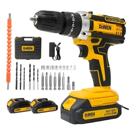 Imagem do Furadeira Parafusadeira Dewen Sem Fio 2 Baterias 1750rpm Amarelo 127 220v 50hz 60hz