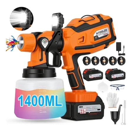 Imagem do Pistola De Pintura Eletrica Sem Fio Portatil 1400ml 2 Baterias E Led 5 Bicos Laranja Escuro 127 220v